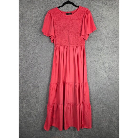 Zesica Red Ditsy Maxi Dress S Tiered Smocked Modest Boho Country Pintuck - Picture 2 of 9